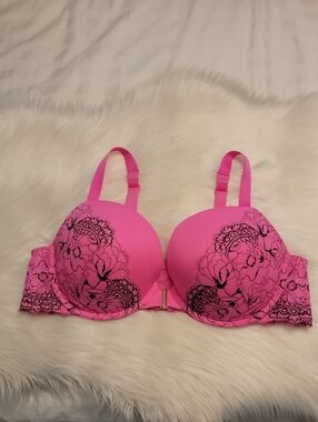 Cacique Bra Women's 46D Frontal Enclosure Boost Plunge Pink Floral Lace